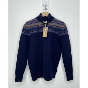 NWT Woolovers Fairisle Half Zip Jumper Mens Medium Navy Blue Lambswool Sweater